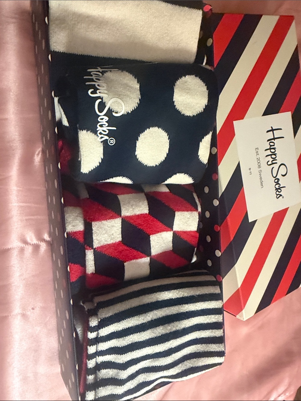 Happy Socks Men’s Three-Pair Set – Navy, White & Red Patterns
